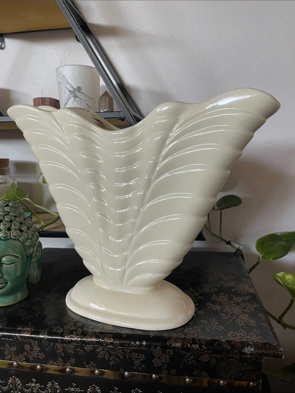 Cream Ceramic Fan Vase by Roseville